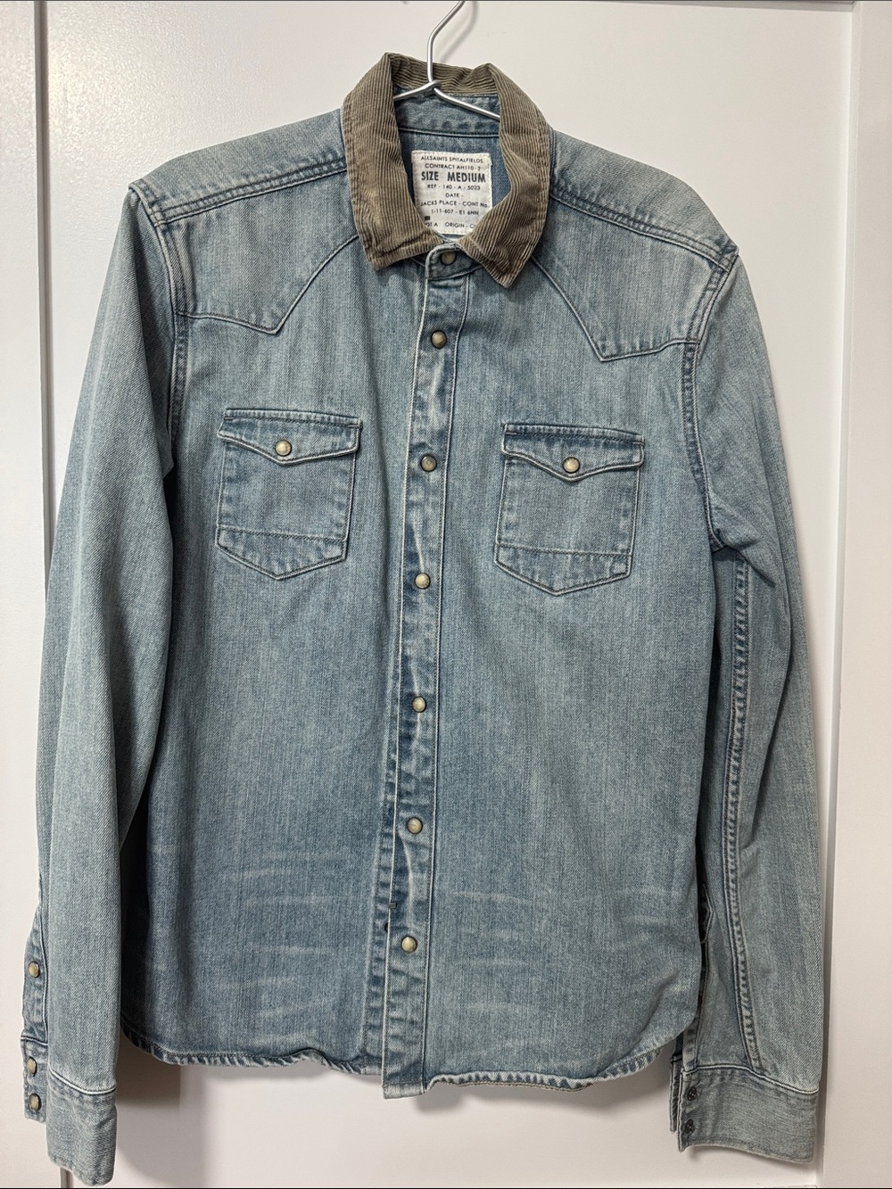 AllSaints Light Blue Denim Shirt Jacket with Brown Corduroy Collar